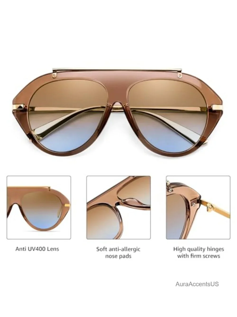 Oversized Retro Aviator Sunglasses UV400 Metal Top Bar Full Frame Unisex